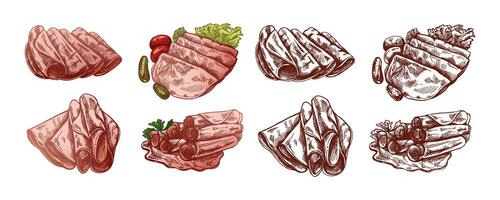 Hand-drawn colored and monochrome sketch of pork meat, ham slice, prosciutto vintage sketch. Butcher shop. Great for label, restaurant menu. Engraved image. vector
