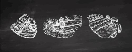 Hand-drawn monochrome sketch of pork meat, ham slice, prosciutto vintage sketch on chalkboard. Butcher shop. vector