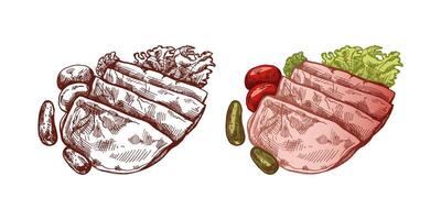 Hand-drawn colored and monochrome sketch of pork meat, ham slice, prosciutto vintage sketch. Butcher shop. Great for label, restaurant menu. Engraved image. vector