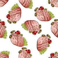 Hand-drawn colored seamless pattern of pork meat, ham slice, prosciutto vintage sketch. Butcher shop. vector