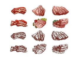 Hand-drawn sketch set of bacon, hamon or pork meat, ham slices. Italian prosciutto vintage sketch. Butcher shop. Great for label, restaurant menu. Engraved image. vector