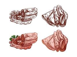 Hand-drawn colored and monochrome sketch of pork meat, ham slice, prosciutto vintage sketch. Butcher shop. vector