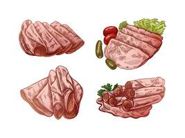 Hand-drawn colored sketch of pork meat, ham slice, prosciutto vintage sketch. Butcher shop. Great for label, restaurant menu. Engraved image. vector