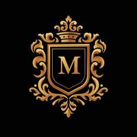 golden initial Letter M inside a shield with vintage frame ornament vector