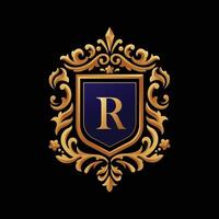 golden initial Letter R inside a shield with vintage frame ornament vector