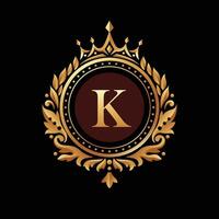 Letter K inside a circle frame and crown with vintage ornament in golden color vector