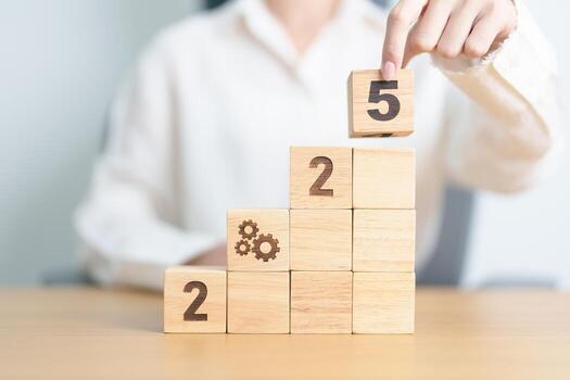 2025 year block with gear icon. Business Process, Team, teamwork, Goal, Target, Resolution, strategy, plan, Action, motivation, change, brainstorm and New Year start concepts photo