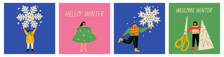 Christmas and New Year card with characters. People with big paper snowflakes. Colorflul card set. vector