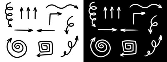 Hand drawn arrows icons set. Doodle different curved thin lines, swirls, square, spiral arrows. Marker drawing, black and white . Direction pointers. vector