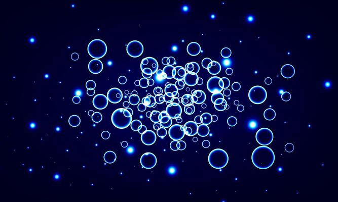 Soft blue bubbles and water with light on dark background. circle particles.