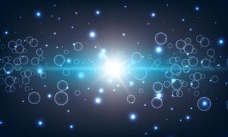 Soft blue circle bubbles and water with light on dark background. shiny bright light on dark. vector