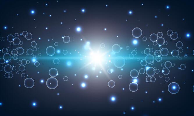 Soft blue circle bubbles and water with light on dark background. shiny bright light on dark.