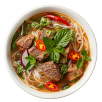 A bowl of beef and noodles with herbs png
