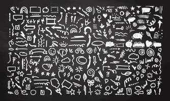 Hand-drawn pencil color brush elements on chalkboard background, brush with crayon effect, chalk texture. Illustration in children's style. Crayon brush scribble, square, spiral, arrow. vector