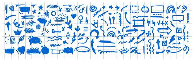 Hand-drawn pencil color brush elements on checkered background, brush with crayon effect. illustration in children's style. Crayon brush scribble, square, spiral, arrow. vector
