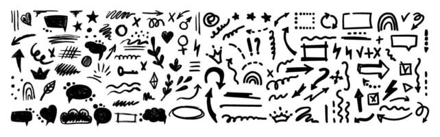 Hand-drawn pencil color brush elements, brush with crayon effect, chalk texture. illustration in children's style. Crayon brush scribble, square, spiral, arrow. vector