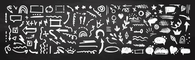 Hand-drawn pencil color brush elements on chalkboard background, brush with crayon effect, chalk texture. illustration in children's style. Crayon brush scribble, square, spiral, arrow. vector