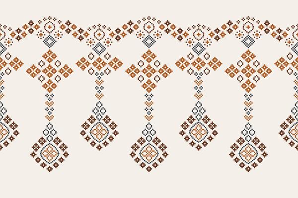 Motif ethnic pattern cross stitch fabric cream color pattern background design.
