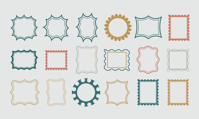 graphic illustration of a set of different rectangle frames with wavy edges. There are various shapes, sizes, and colors of the frames. Each frame is empty