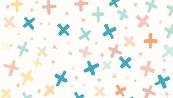 Pastel Cross Confetti Pattern. Randomly scattered plus signs in pastel shades like lavender, mint, peach, and light blue over a cream background, adding a playful yet elegant vibe to stationery vector
