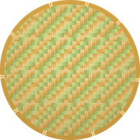 A round woven basket with a green and yellow pattern png