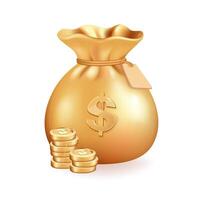 Gold coin bag. Realistic 3d design element in plastic cartoon style. Icon isolated on white background. vector