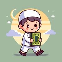 Cute Muslim illustration with the qur'an of the month of Ramadan, with a flat concept vector