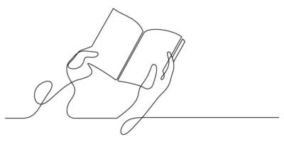 hand holding book reading one line drawing continuous vector