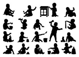 Collection of silhouettes of toddlers playing vector