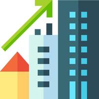 A flat icon of a building with an upward arrow vector