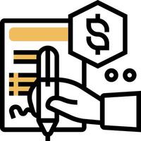 A hand writing a check with a pen and a dollar sign vector