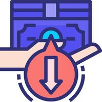 A hand holding a wallet with an arrow pointing down vector