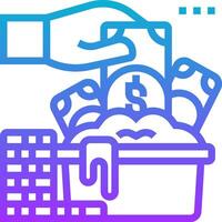 A hand is putting money into a bucket with a pile of bricks vector