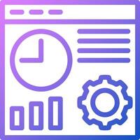 A purple and blue icon with a clock and gears vector
