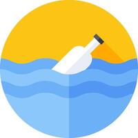 A bottle floating in the ocean with a yellow sun behind it vector