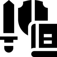 A black and white icon of a sword, shield and book vector