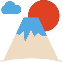 A flat icon of a mountain with a sun behind it vector
