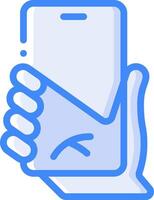 A hand holding a phone with a blue background vector