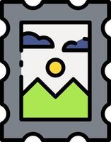 A stamp with a picture of mountains and a sun vector