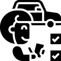 A black and white icon of a man holding a check and a car vector