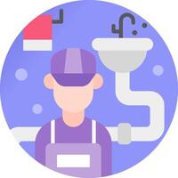 A man in an apron is standing next to a sink and a toilet vector