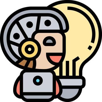 A robot holding a light bulb with a helmet on it vector