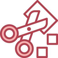 A red and white icon of scissors cutting a piece of paper vector