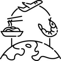 A line drawing of a plane flying over a globe with food on it vector