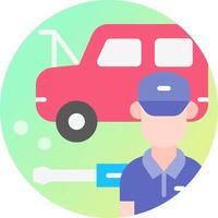 A man is holding a wrench next to a car vector
