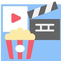 A movie clapper and popcorn are next to a movie reel vector