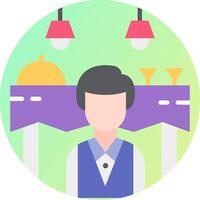 A man in a vest is standing in front of a table with food and drinks vector