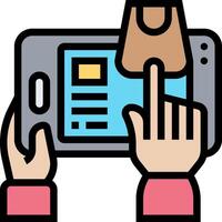 A hand holding a tablet with a bag on it vector