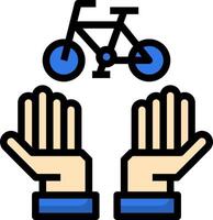 Two hands are holding a bicycle and one hand is reaching up vector