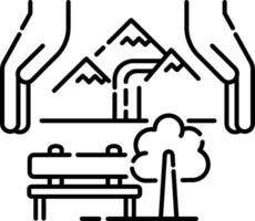 A hand holding a park bench and a mountain vector